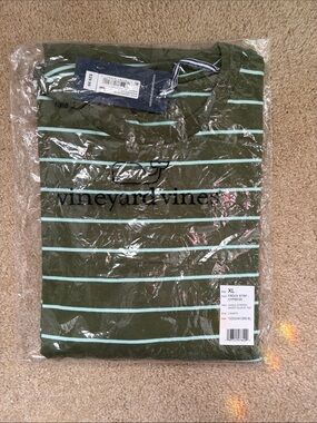 Vineyard Vines Olive Green with blue stripe tshirt